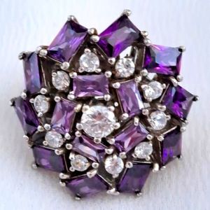 LARGE Cocktail Party Ring Purple and White Flower Baguette & Round Stones Size 6